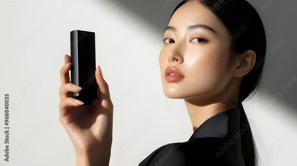 Elegant and confident young Asian woman holding a modern smartphone device in a minimalist studio setting with clean,dramatic lighting. Elegant and confident young Asian woman holding a modern smartphone device in a minimalist studio setting with clean,dramatic lighting.