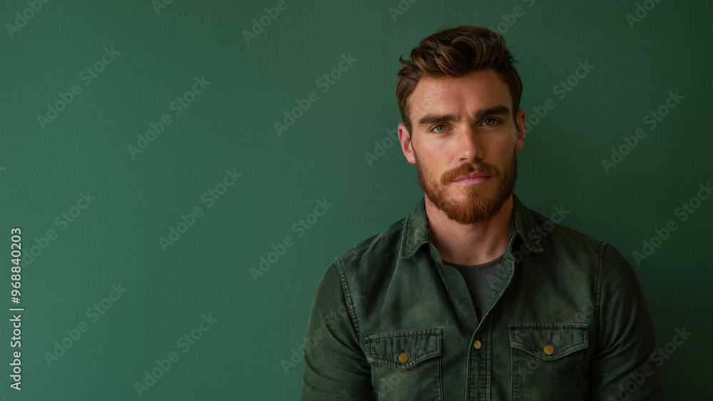 Fototapeta premium Man with a beard wearing a green shirt standing against a green background with a serious expression