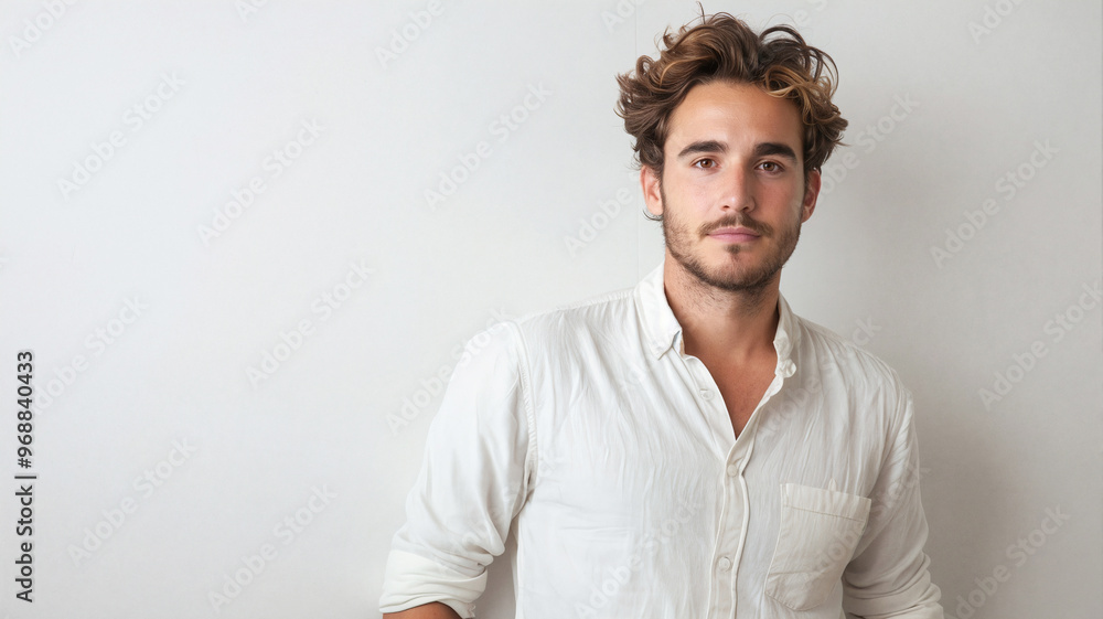 Man in a white shirt standing against a plain white background with a calm and confident expression Man in a white shirt standing against a plain white background with a calm and confident expression