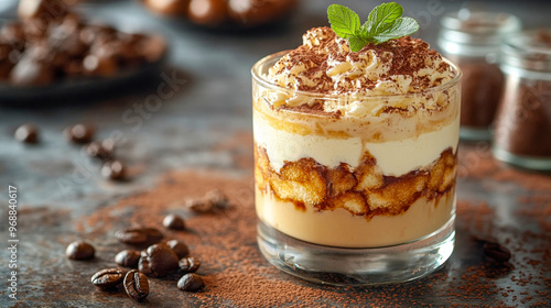 Wallpaper Mural Tiramisu dessert in a glass, garnished with whipped cream and cocoa powder, placed on a table with scattered coffee beans and cocoa powder Torontodigital.ca