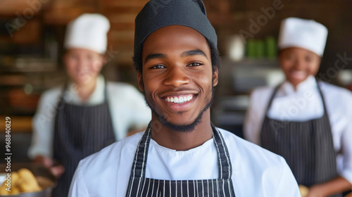 Smiling chef in black chef's hat and striped apron in foreground front two other chefs. Concept of camaraderie and teamwork in the kitchen.
