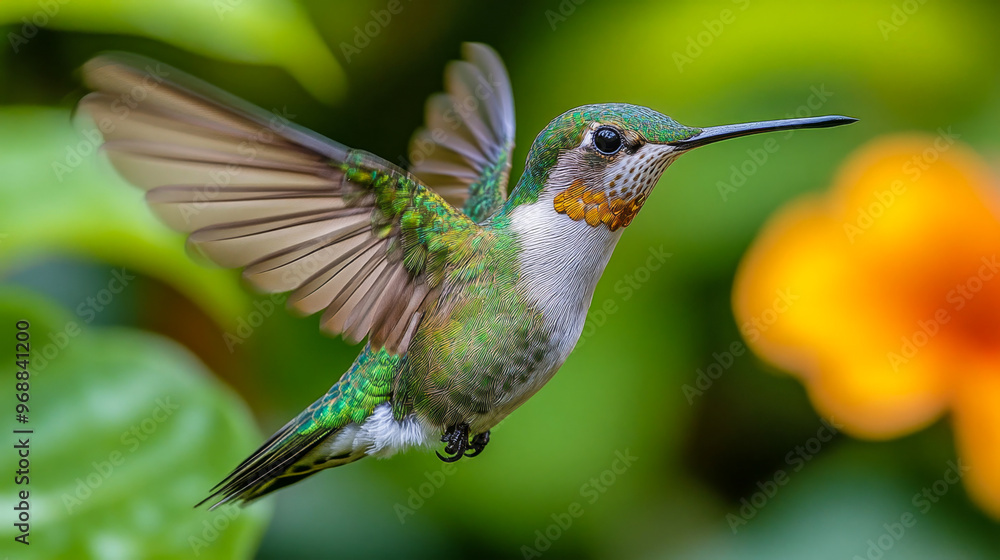 Obraz premium Blur of wings: a hummingbird hovers near a flower in a garden