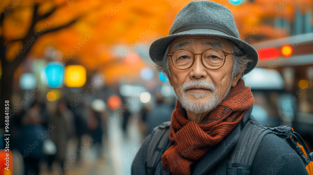 Fototapeta premium Senior asian man wearing a hat and scarf standing in a busy city during autumn