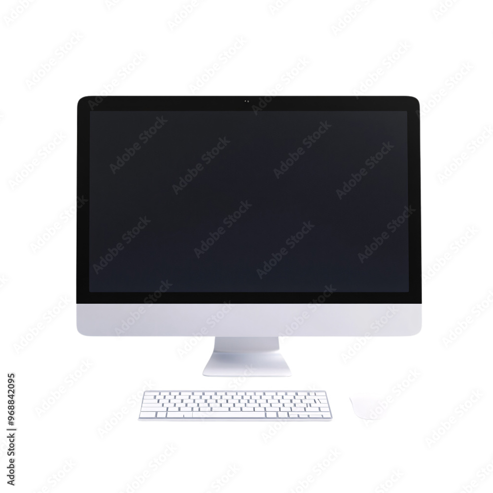 A modern desktop computer with a sleek design, featuring a large screen and wireless peripherals for an organized workspace. A modern desktop computer with a sleek design, featuring a large screen and wireless peripherals for an organized workspace.