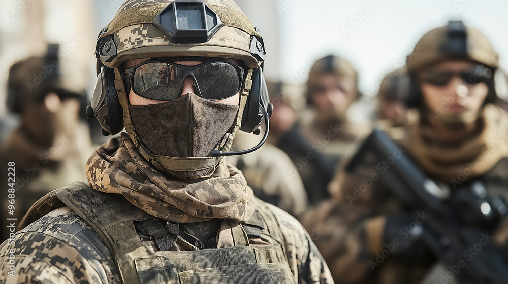 Group of soldiers wearing tactical gear and masks, ready for action in ...
