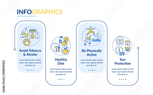 Cancer prevention rectangle infographic vector. Healthy lifestyle. Cancer risk factors. Data visualization with 5 steps. Editable rectangular options chart. Lato-Bold, Regular fonts used