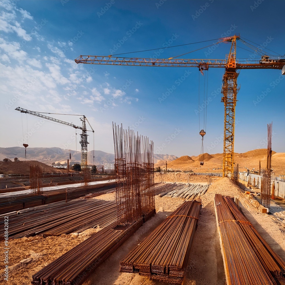 Fototapeta premium Cranes Lifting Steel Beams at Construction Site with Full Depth of Fields