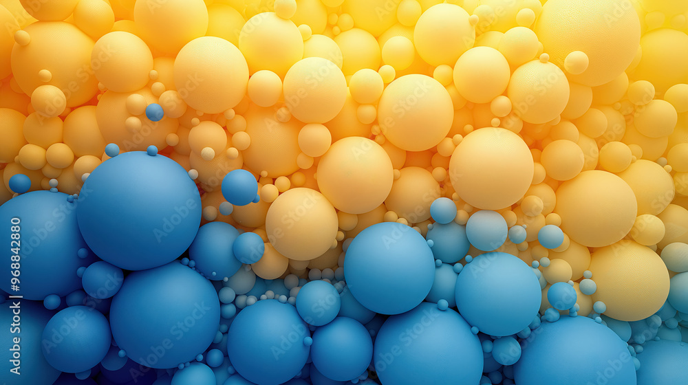 Cluster of yellow and blue spheres of varying sizes, representing a 3D abstract composition of form and color. Cluster of yellow and blue spheres of varying sizes, representing a 3D abstract composition of form and color.