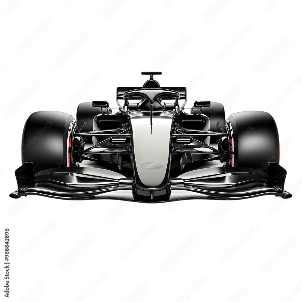 Naklejka premium Sleek black race car showcasing aerodynamic design and high-performance features, perfect for automotive enthusiasts and sports imagery.