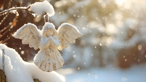 A classic Christmas angel ornament hanging from a snow-covered fence post, snow gently drifting down, bright, cool winter sunlight casting a pure and peaceful glow photo