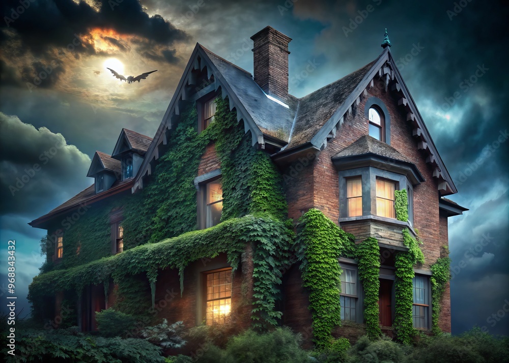 Dark gutters like jagged teeth encase the worn brick house, ivy crawling up walls as fog rolls in, midnight sky looming above. Dark gutters like jagged teeth encase the worn brick house, ivy crawling up walls as fog rolls in, midnight sky looming above.