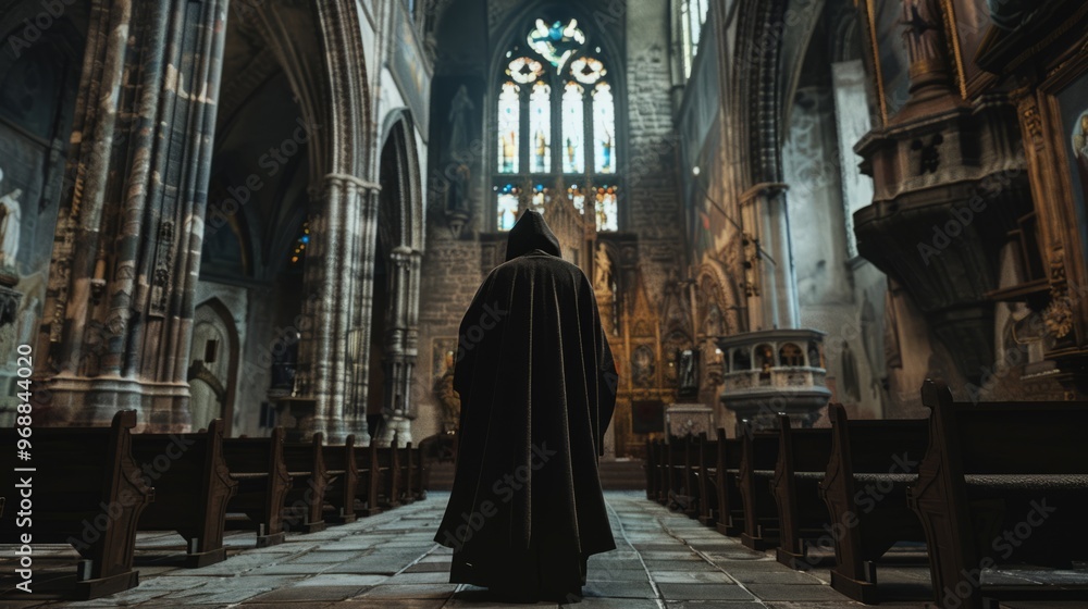 A man in a black cloak stands in a large church A man in a black cloak stands in a large church