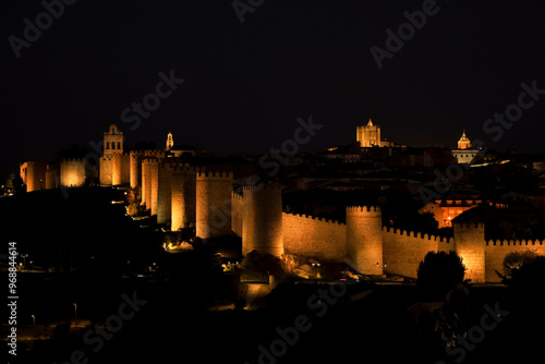 Panoramic view of Avila city, the wall and fortress at night