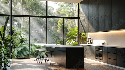 A minimalist modern kitchen with an island and barstools in front of a large glass window wall. The walls feature black steel details on white plaster, and the floor is made of wood. Generative AI.