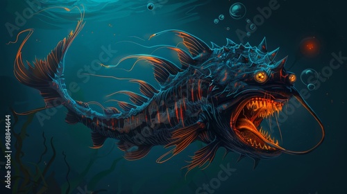 An illustrated deep-sea dragonfish with its menacing teeth and glowing body photo