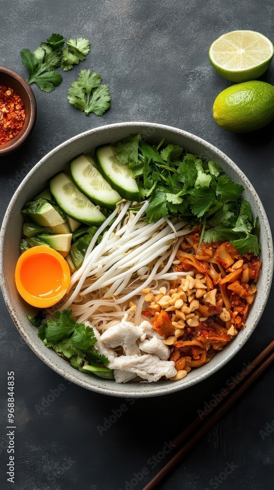 Overhead shot of Pad Thai with neatly arranged ingredients, showcasing noodles, proteins, and fresh herbs. Overhead shot of Pad Thai with neatly arranged ingredients, showcasing noodles, proteins, and fresh herbs.