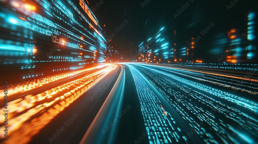 Binary code stream flowing on a futuristic road, symbolizing speed and technological innovation Binary code stream flowing on a futuristic road, symbolizing speed and technological innovation