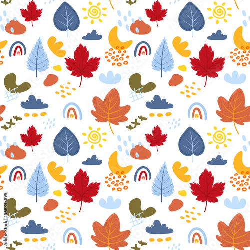 Autumn seamless pattern with leaves and abstract shapes