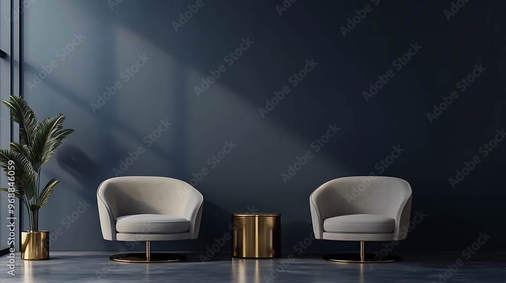 Minimalist dark blue wall with two chairs and gold side tables, refined interior design aesthetic Minimalist dark blue wall with two chairs and gold side tables, refined interior design aesthetic