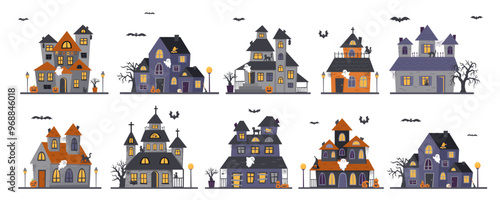 Set of Halloween houses isolated on white background. Halloween concept. Halloween elements.