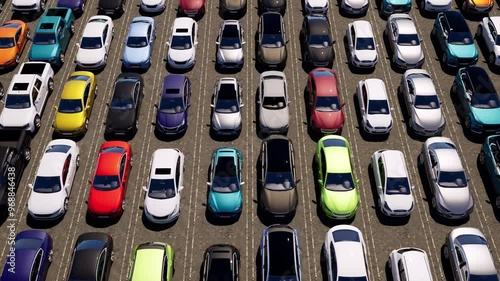 An aerial view over a vast parking lot filled with unsold new vehicles.