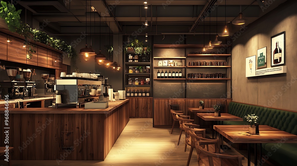 Industrial modern cafe in Hong Kong with retro vibe, wood and green accents, featuring a coffee bar counter on one side Industrial modern cafe in Hong Kong with retro vibe, wood and green accents, featuring a coffee bar counter on one side