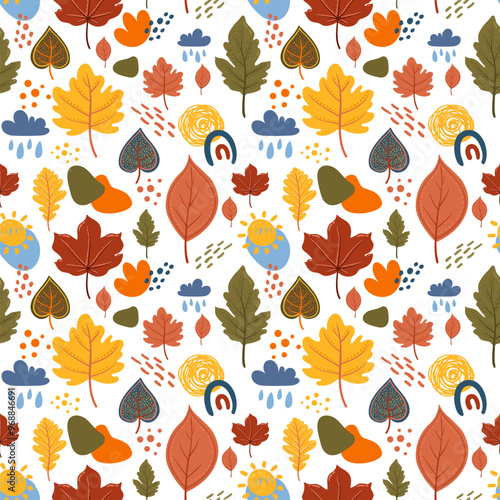 Autumn seamless pattern with leaves, sun, clouds, rain drops. Autumn colourful falling leaves wrapping paper 