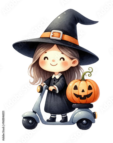 A cheerful young witch rides a scooter with a pumpkin, perfect for Halloween celebrations and seasonal decorations.