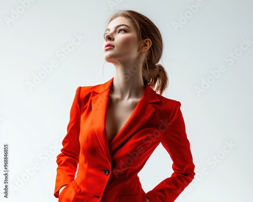 Elegant woman in modern brightcolored business attire, standing confidently on pure white background, minimalist and empowering photo