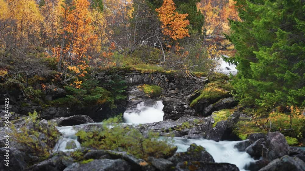A tranquil river flows beneath an ancient stone bridge, set against a backdrop of autumn foliage and natural rocks. Loop video. A tranquil river flows beneath an ancient stone bridge, set against a backdrop of autumn foliage and natural rocks. Loop video.
