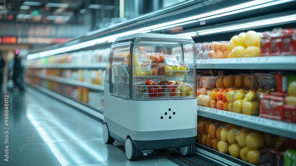 AI-enhanced autonomous shopping carts guiding customers through smart supermarkets: Carts equipped with AI helping customers find products and navigate the store efficiently. AI-enhanced autonomous shopping carts guiding customers through smart supermarkets: Carts equipped with AI helping customers find products and navigate the store efficiently.