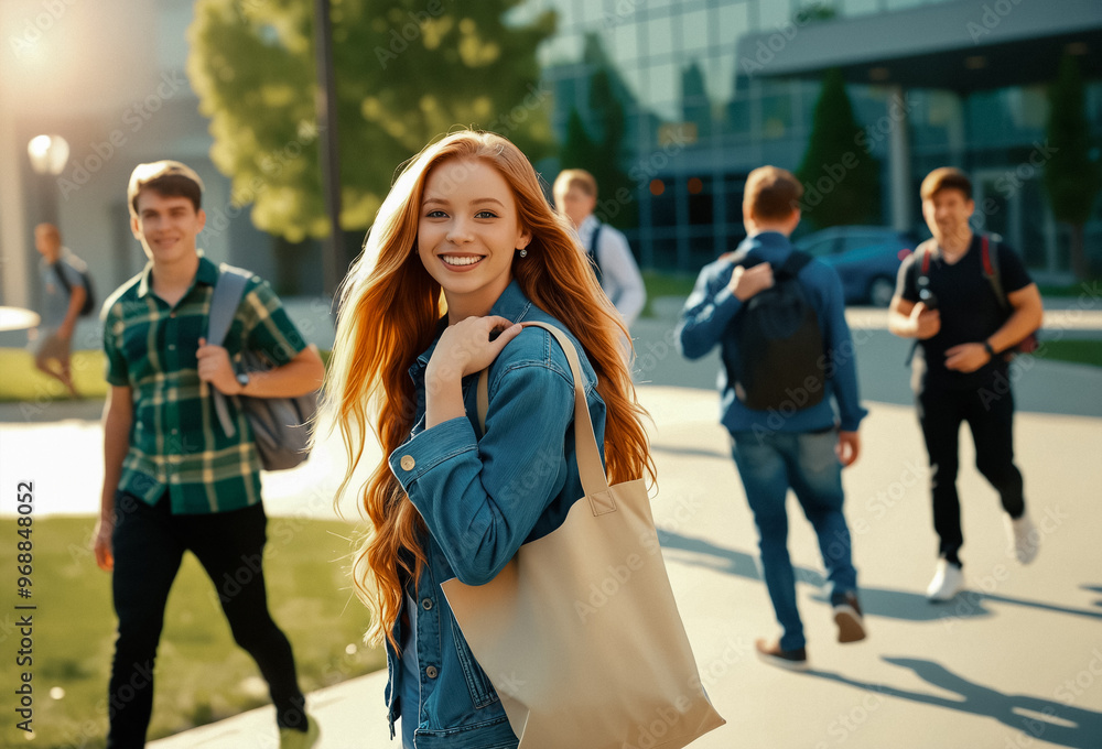 Red-haired girl student, a high school student with her friends walks along the sunny streets of the city. Red-haired girl student, a high school student with her friends walks along the sunny streets of the city.