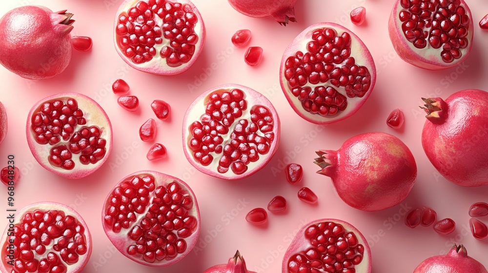 Vibrant and fresh pomegranates arranged beautifully on a soft pink background, showcasing their juicy seeds and rich color. Vibrant and fresh pomegranates arranged beautifully on a soft pink background, showcasing their juicy seeds and rich color.