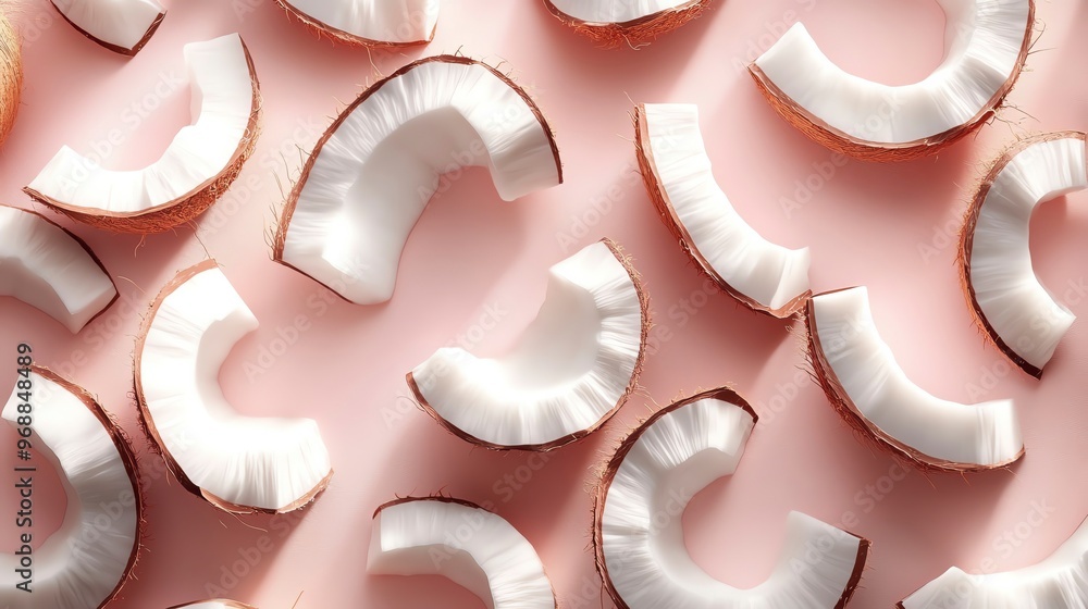 Fresh coconut slices arranged on a pastel pink background, showcasing the smooth texture and vibrant colors of tropical fruit. Fresh coconut slices arranged on a pastel pink background, showcasing the smooth texture and vibrant colors of tropical fruit.