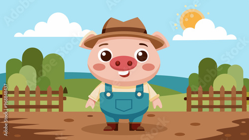 Adorable cartoon pig wearing overalls and a hat, standing happily in mud with a fence in the background. Perfect for children's illustrations and farm-themed designs.