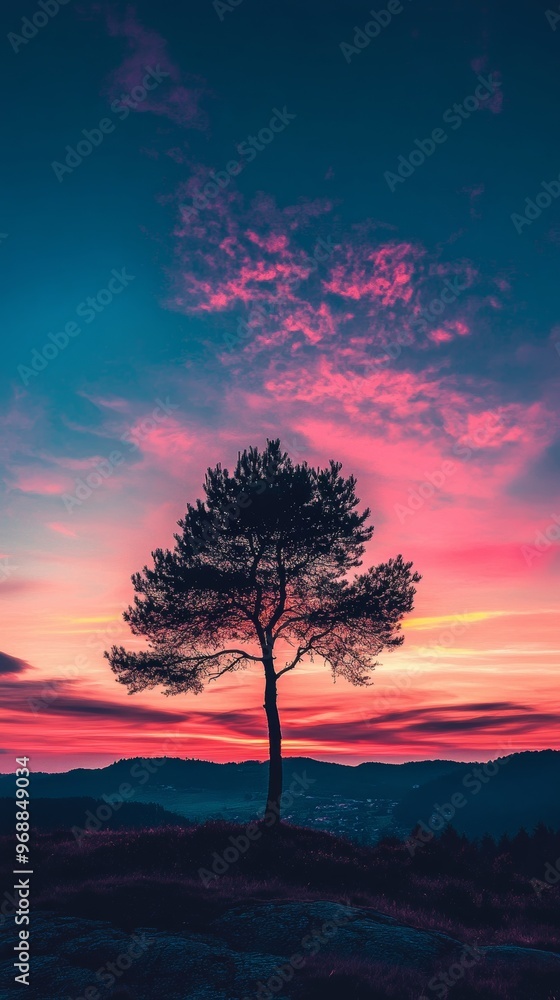 Silhouette of a tree against a vibrant sunset Silhouette of a tree against a vibrant sunset