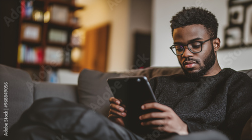 Black man in a cozy living room reading on an ipad photo