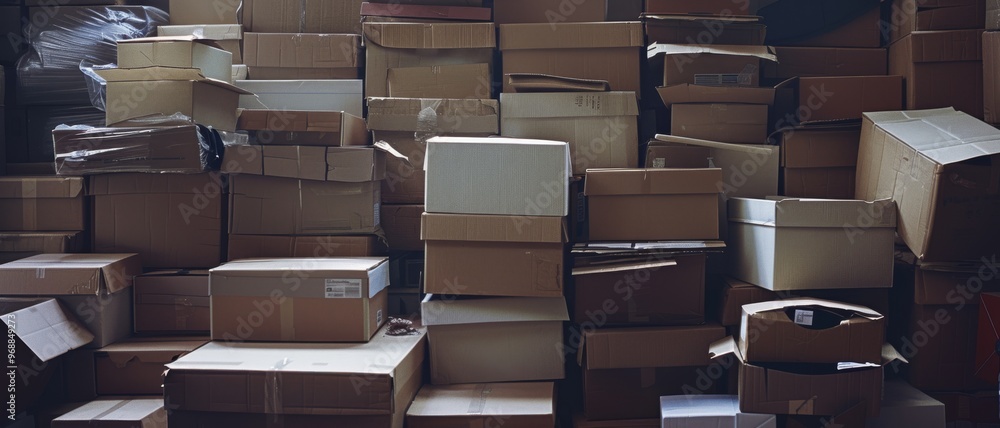 Piles of various-sized cardboard boxes clutter a dimly lit indoor space, evoking a sense of disorganization and the need for sorting or moving. Piles of various-sized cardboard boxes clutter a dimly lit indoor space, evoking a sense of disorganization and the need for sorting or moving.