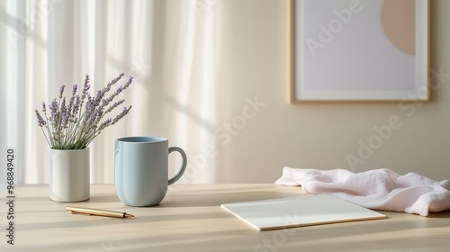 Serene Workspace with Light Wood Desk, Pale Blue Mug with Lavender, and Minimalist Accessories in Warm Daylight