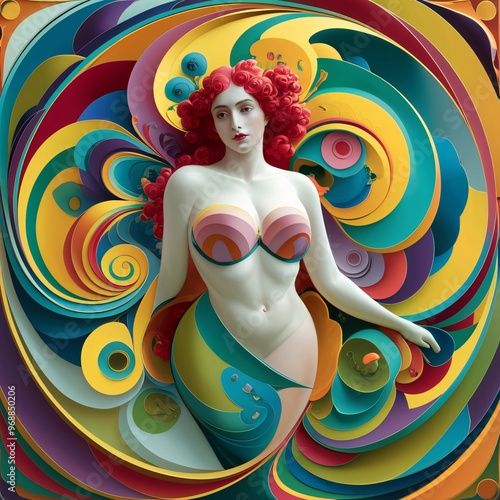 Colorful Abstract Art with Curvy Woman in Surreal Swirling Shapes