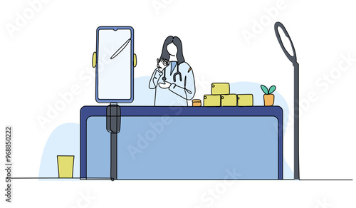 Vector illustration of a doctor review a cosmetic product. Modern flat in continuous line style.