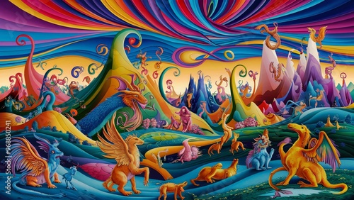 Colorful Surreal World of Fantasy Animals in a Psychedelic Landscape