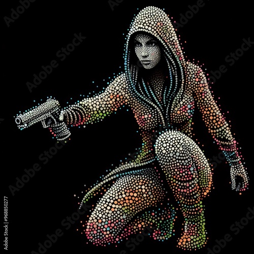 Colorful Pointillism Hooded Assasin with Gun