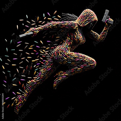 Colorful Pointillism Hooded Assasin with Gun