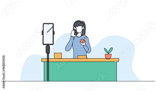 Vector illustration of a female blogger is reviewing cosmetic products. Modern flat in continuous line style.
