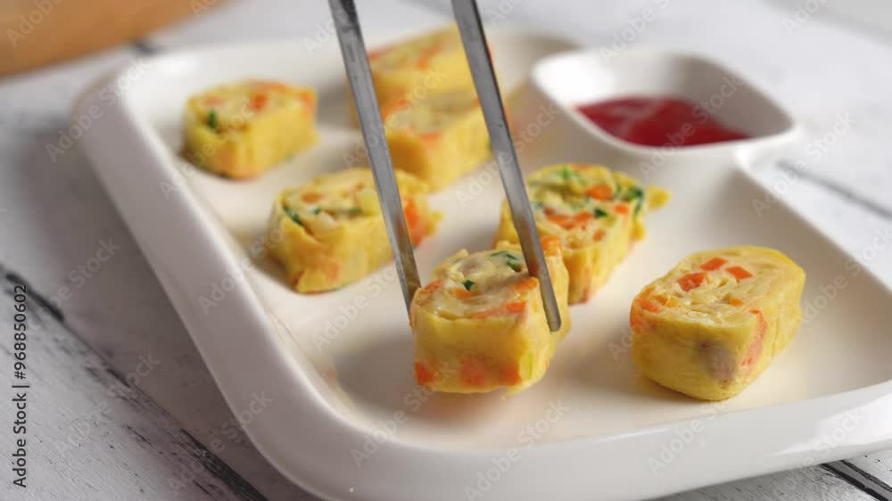 tamagoyaki or Japanese egg rolls with carrots, spring onion and dashi tamagoyaki or Japanese egg rolls with carrots, spring onion and dashi