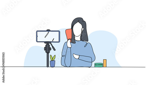 Vector illustration of a female blogger is reviewing cosmetic products. Modern flat in continuous line style.