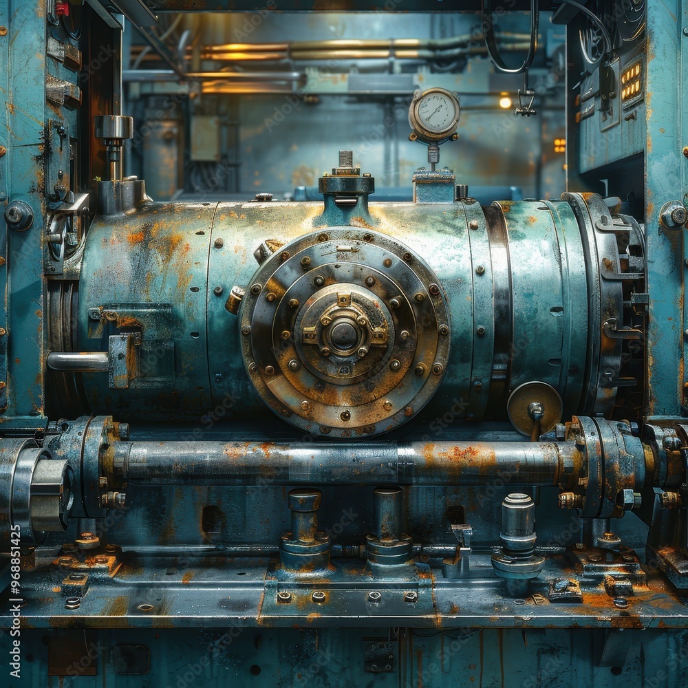 Close-up of an industrial machine displaying intricate details and a weathered finish, showcasing technology and craftsmanship. Close-up of an industrial machine displaying intricate details and a weathered finish, showcasing technology and craftsmanship.