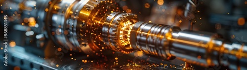 Close-up of an intricate mechanical component showcasing metal gears and sparks, perfect for technology or engineering themes.