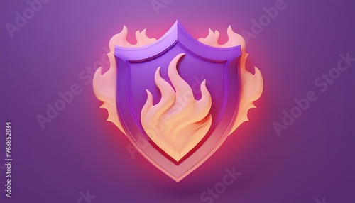 A stylized purple shield with flame motifs glows against a violet background, symbolizing protection and strength. photo